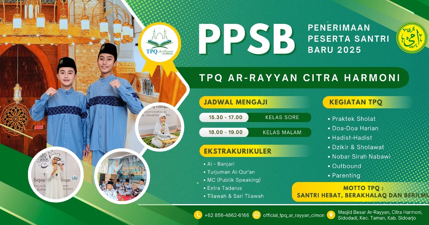 Penerimaan Peserta Santri Baru TPQ AR-RAYYAN telah dibuka!